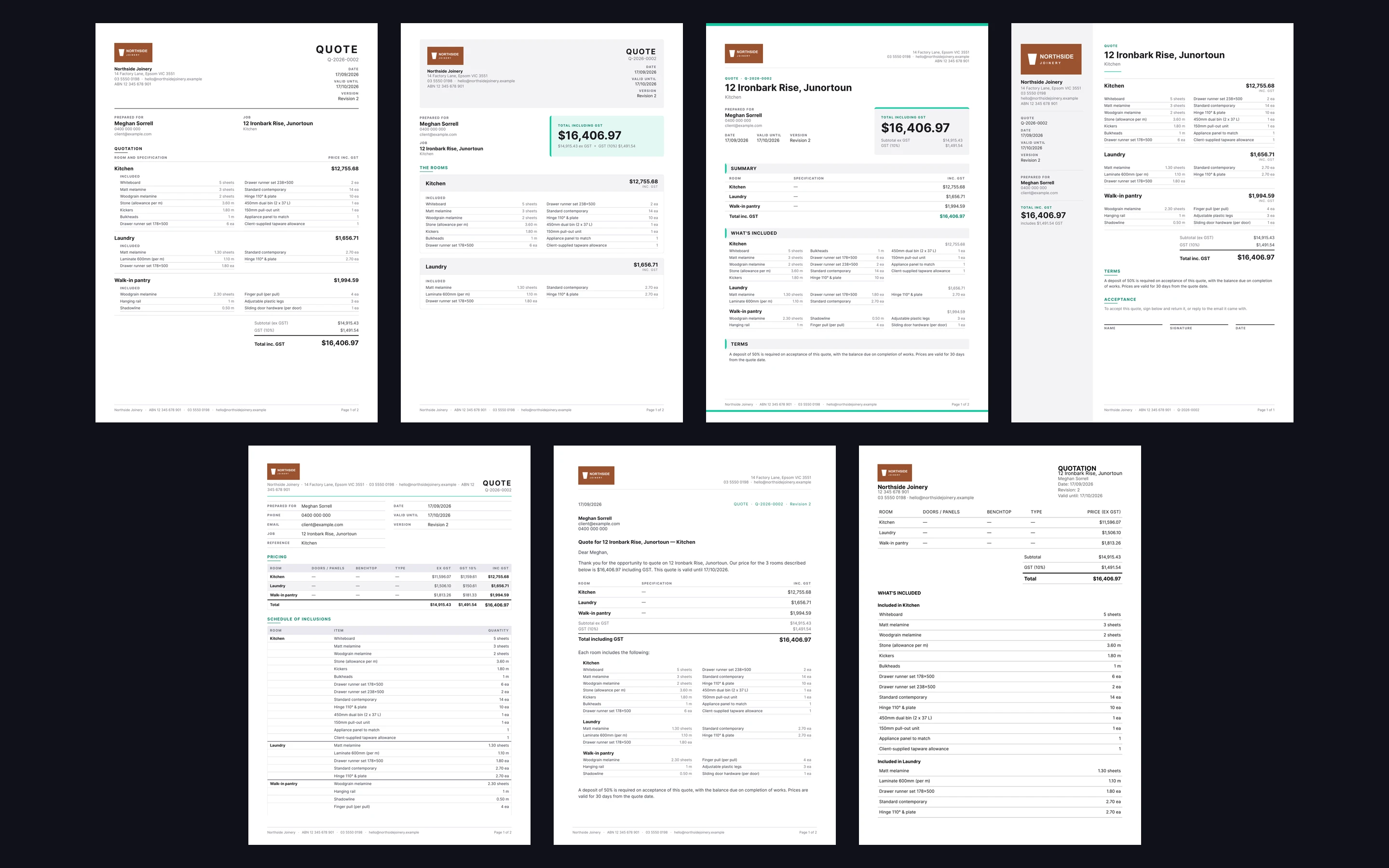 The seven quote document designs side by side — Ledger, Room cards, Statement, Sidebar, Schedule, Letter and Classic — each printing the same three-room job.